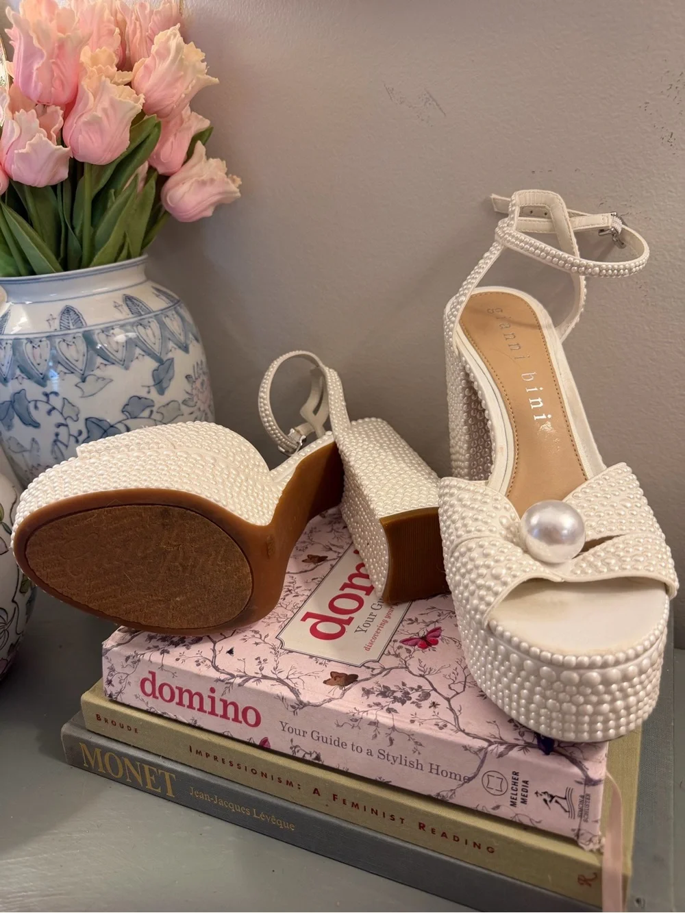 Gianni Bini Pearl-Embellished Ivory Platform Heels
